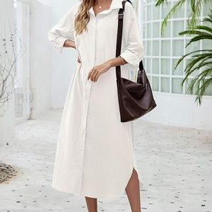 white linen shirtdress